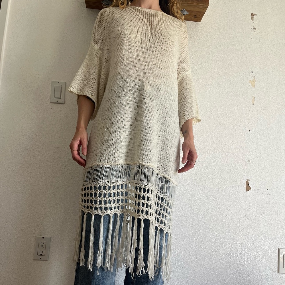 Cream Knit Tunic Sweater with Fringe